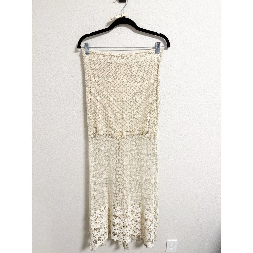Union of Angels Womens Cream Crochet Lace Maxi Skirt Boho Sheer‎ Floral Hem XS